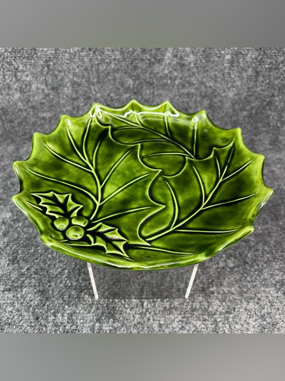 Vtg Holland Mold Green Holly Leaves Berries Christmas Pedestal Candy Dish 1980